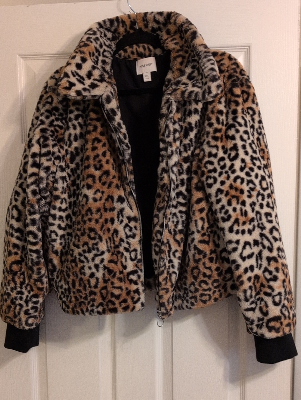 Nine West Leopard Print Faux Fur Teddy Jacket in Tan and Black